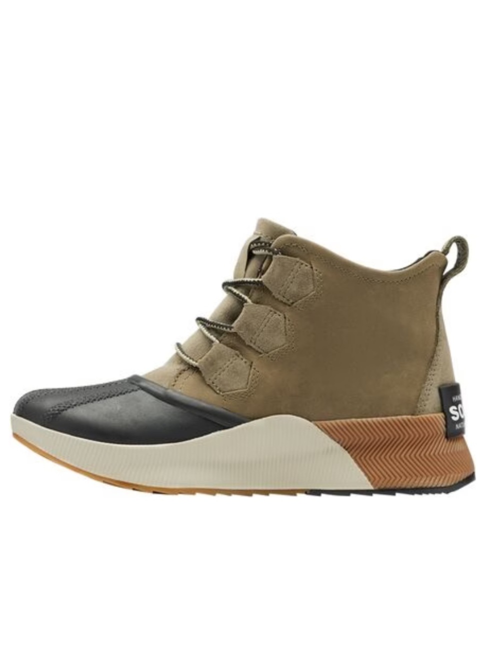 Sorel Women's Out N About III Duck Boot in Olive and Black with Tan Accent
